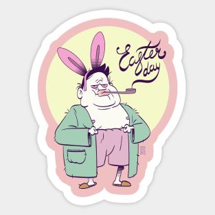 happy easter day. Funny sleepy man with rabbit ears Sticker